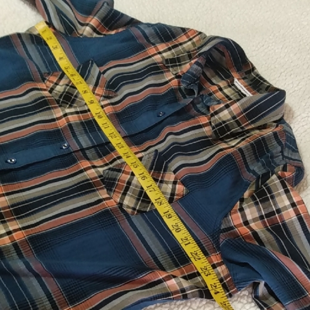 Allison Daley WMNS Blue & Peach Plaid Button-Up Flannel Shirt - Roll Tab Sleeves - Picture 10 of 12
